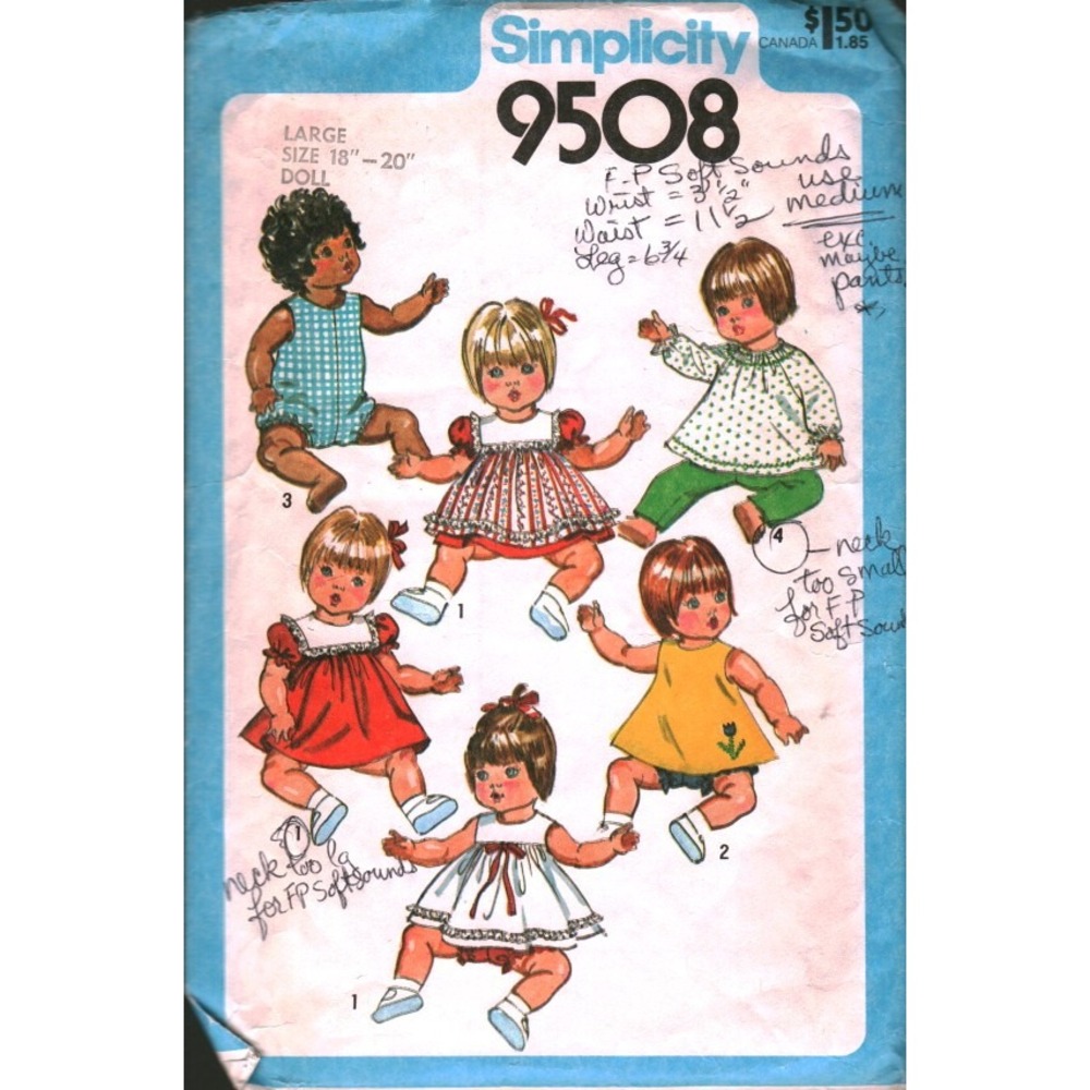 Vintage 1980 Simplicity 9508 Doll Clothes Sewing Pattern 18-20 Inch Baby Dolls